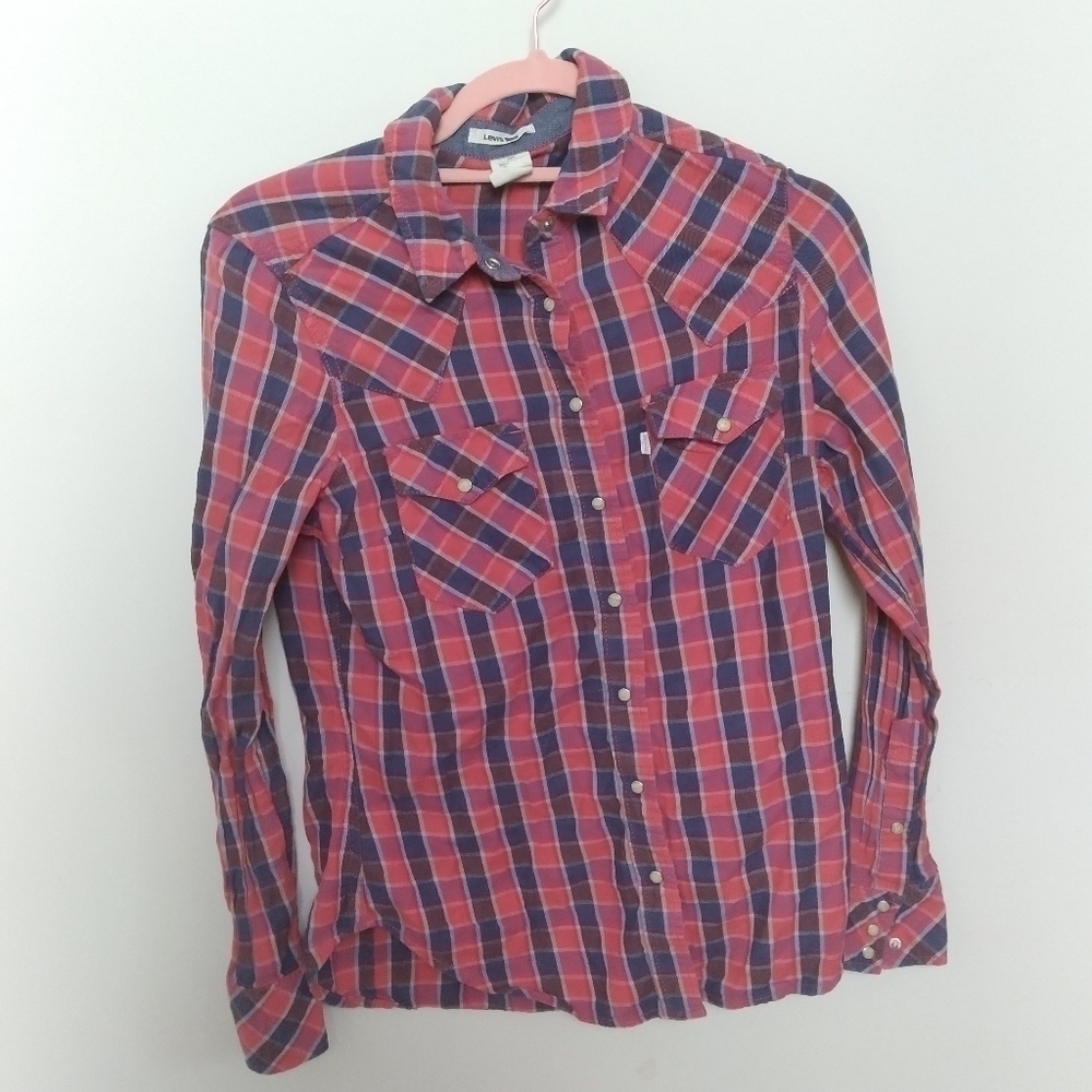 Levi's Red and Blue Plaid Pearl Snap 100% Cotton Button Front Shirt Size Small